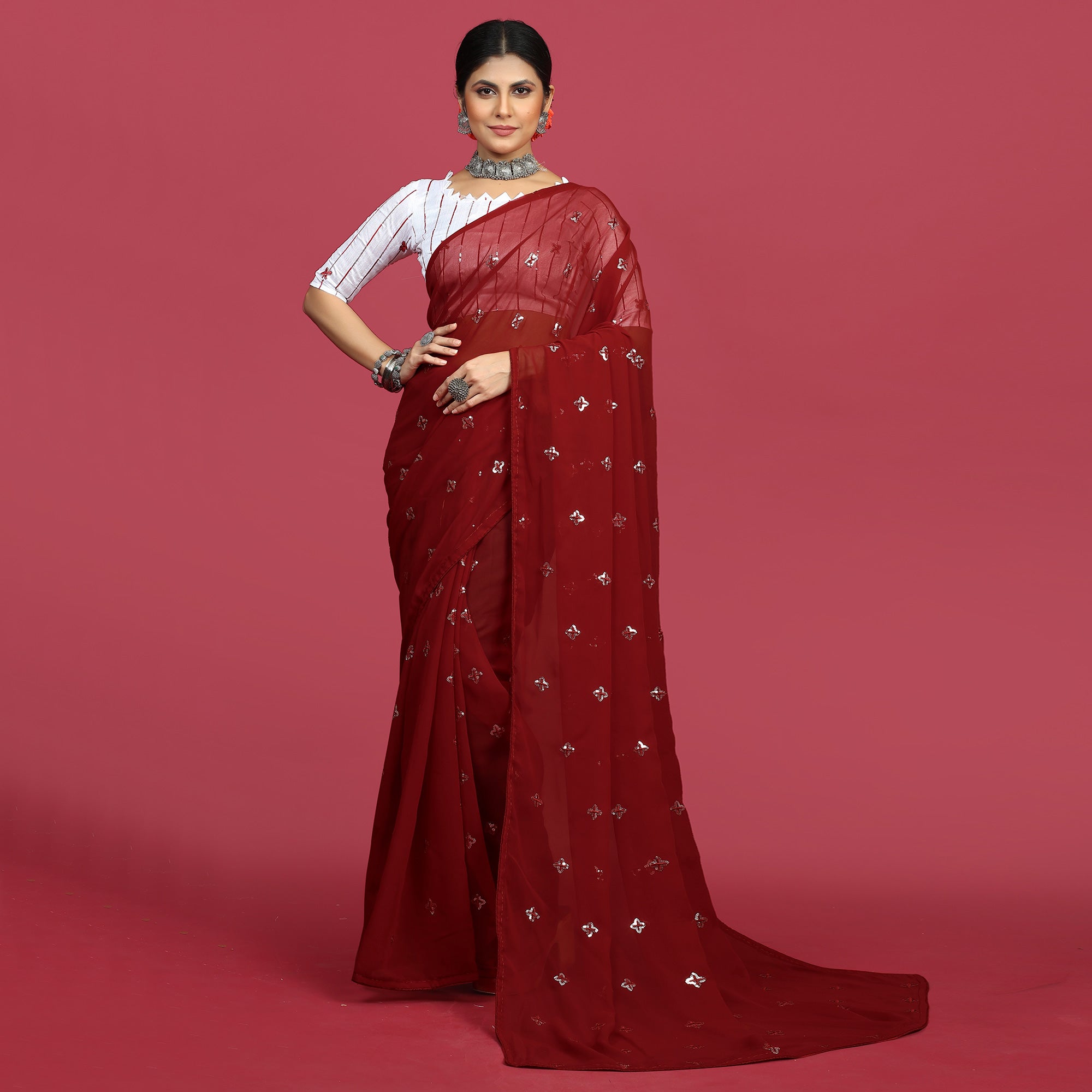 Maroon Sequins Embroidered Georgette Saree