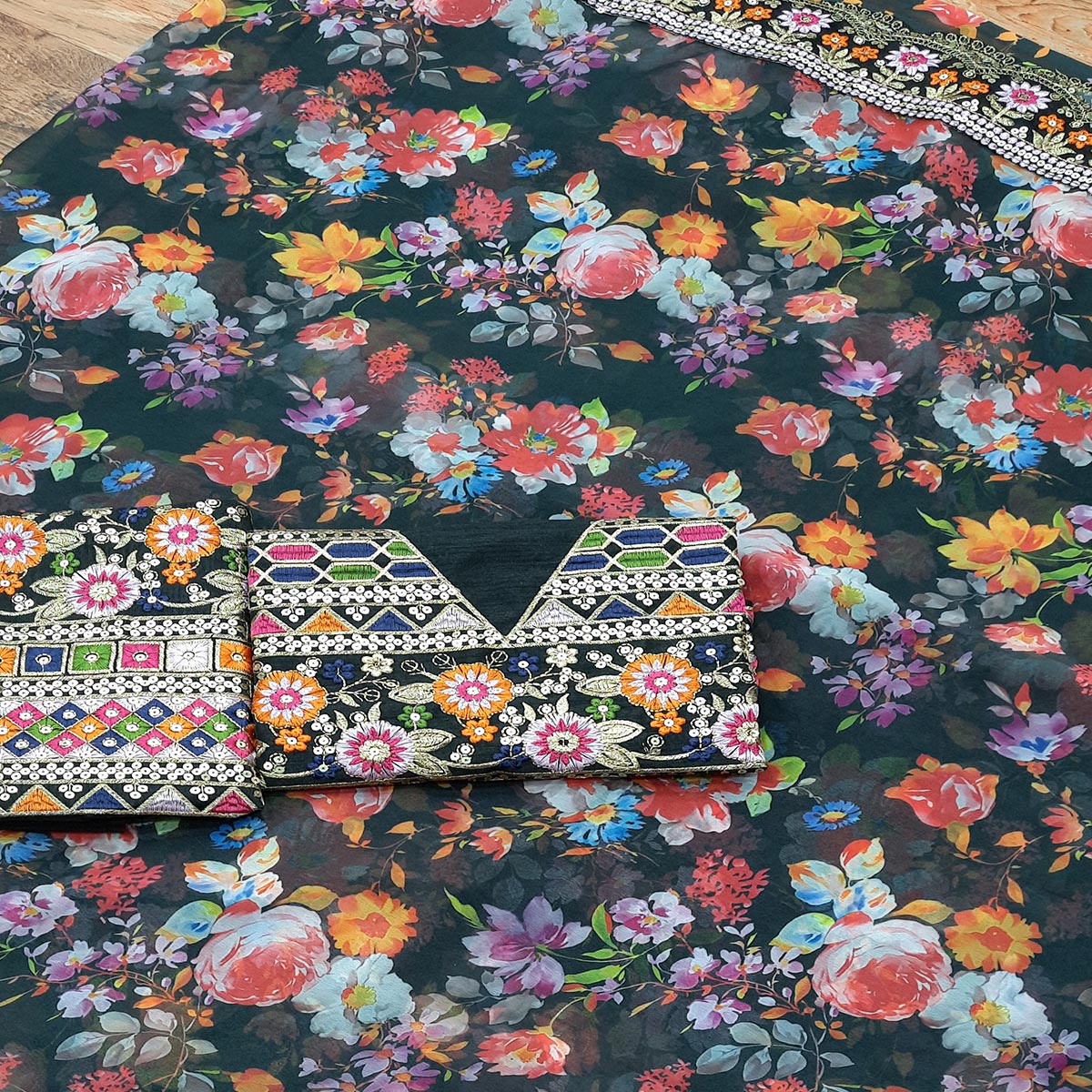 Black Floral Digital Printed Georgette Saree With Embroidered Border