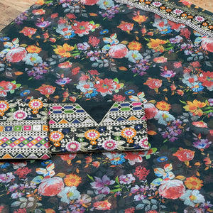 Black Floral Digital Printed Georgette Saree With Embroidered Border