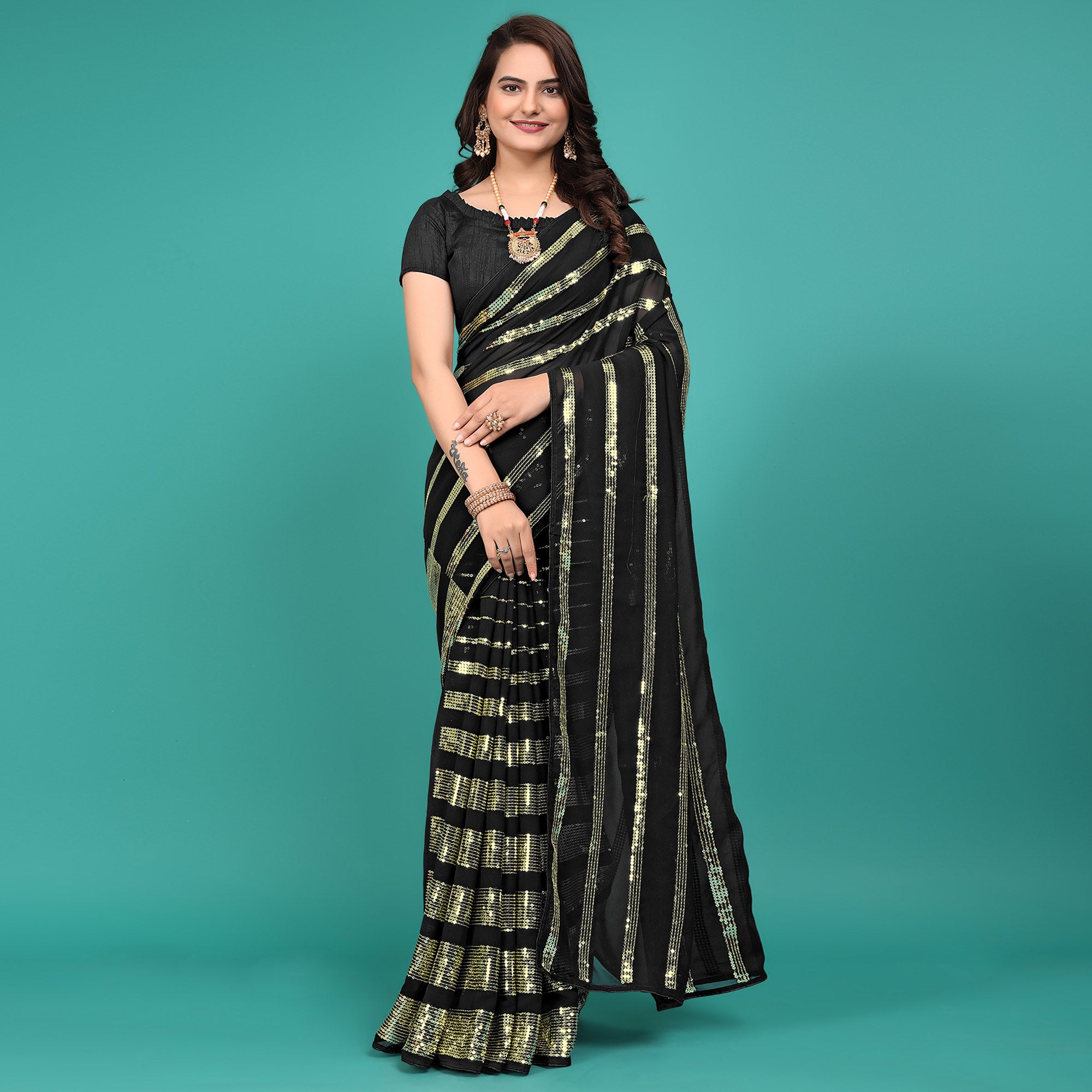 Black Sequins Embroidered Georgette Saree