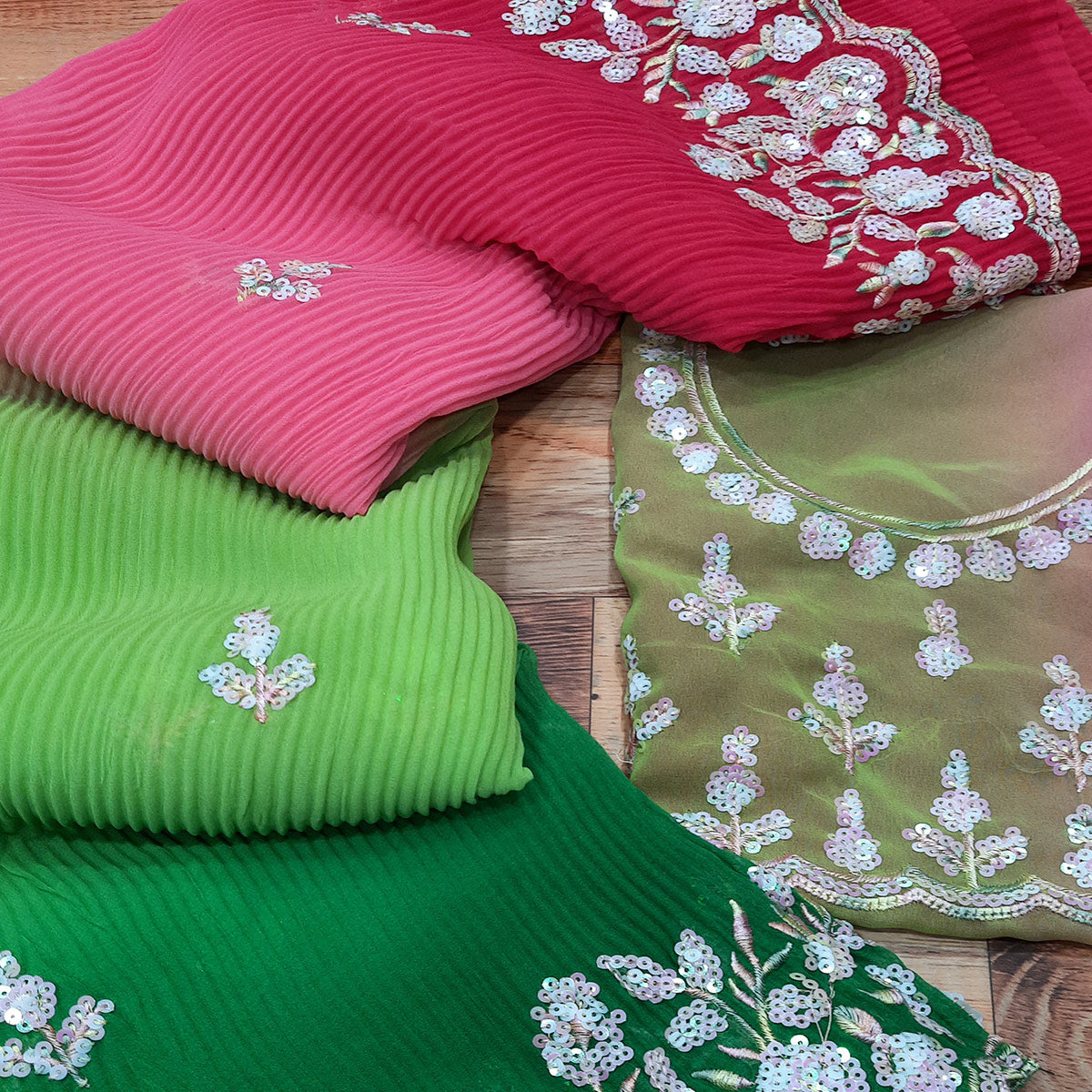 Green & Pink Sequins Embroidered Georgette Crush Saree