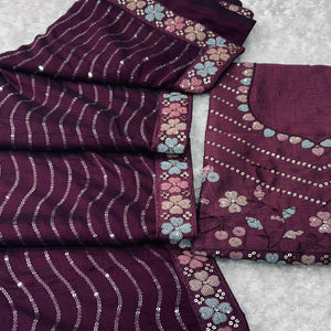 Wine Sequins Embroidered Vichitra Silk Saree