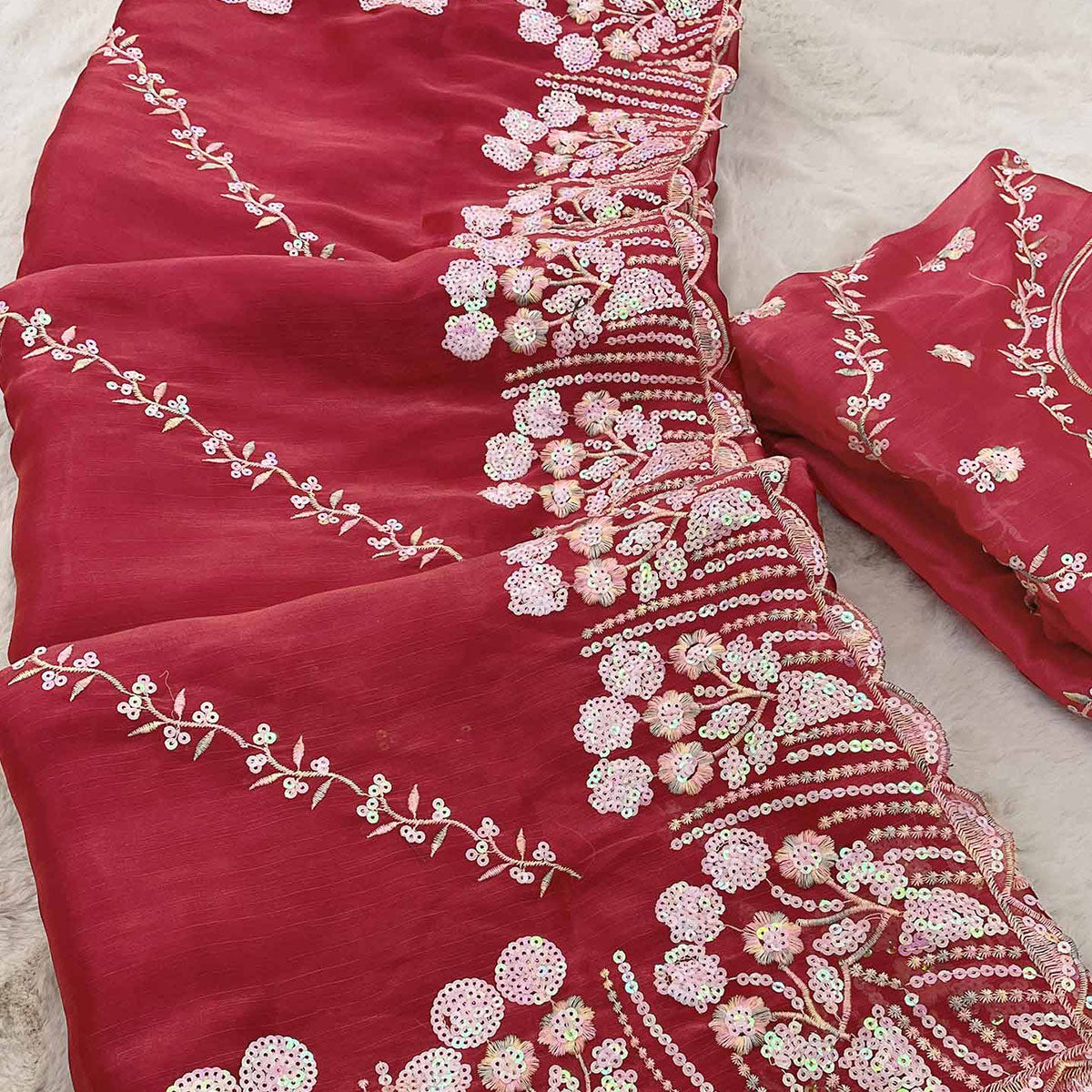 Plum Red Sequins Embroidered Chiffon Saree
