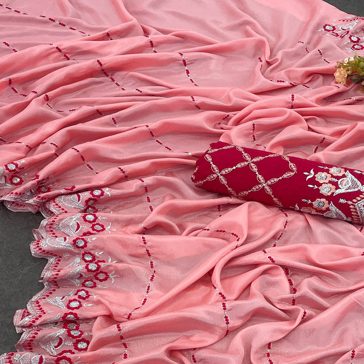 Peach Sequins Embroidered Chinon Saree