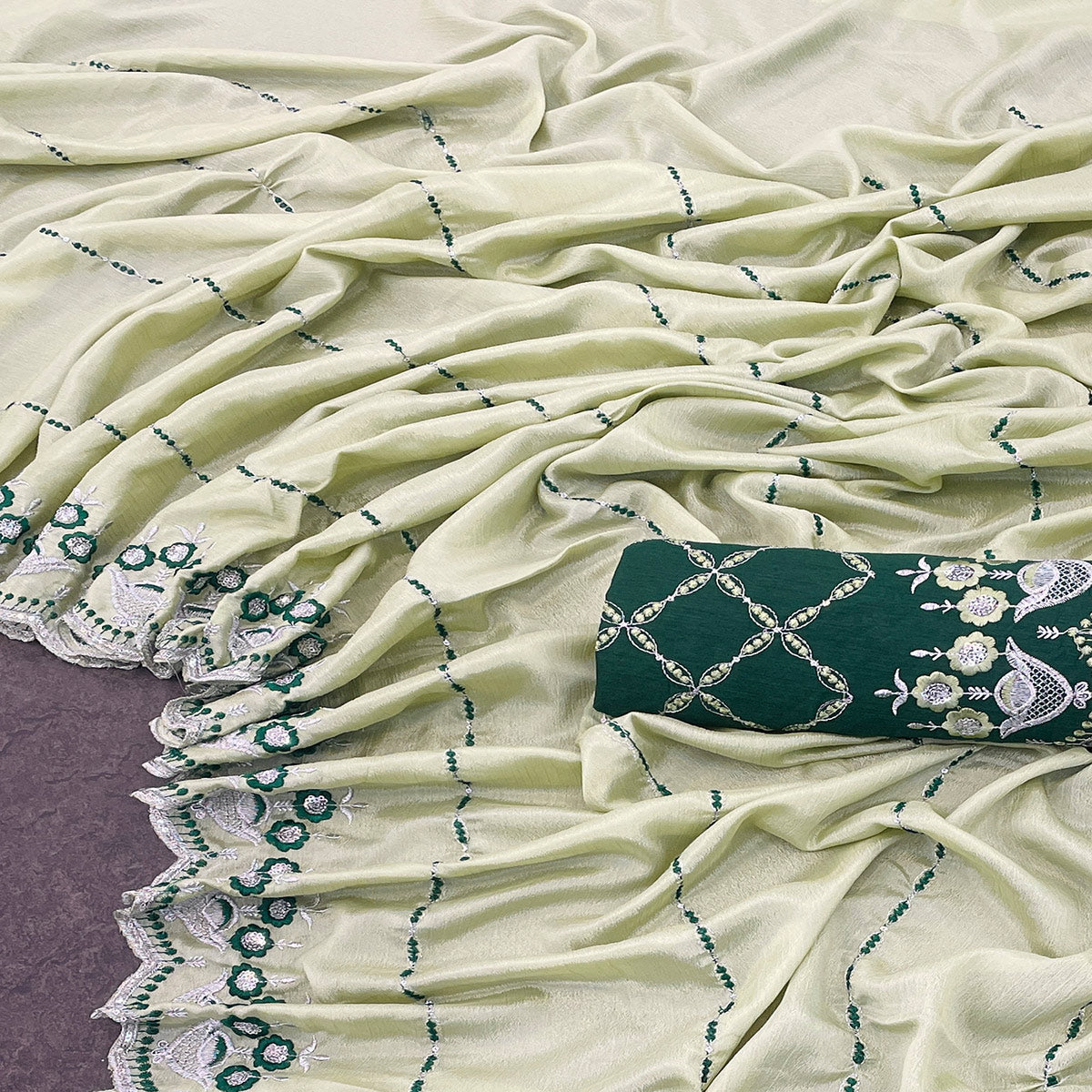 Pista Green Sequins Embroidered Chinon Saree