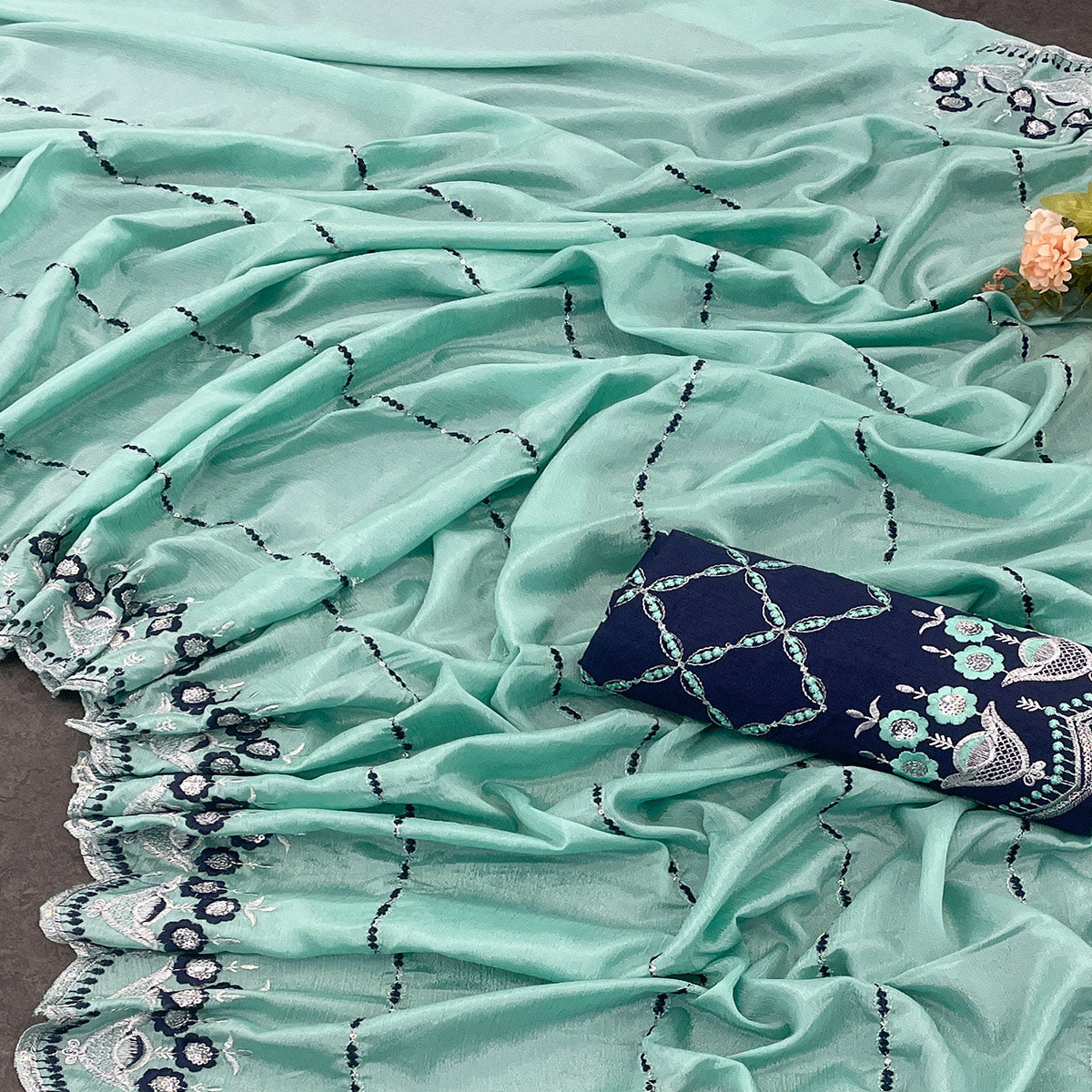 Turquoise Sequins Embroidered Chinon Saree