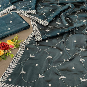 Dark Morpich Sequins Embroidered Chiffon Silk Saree