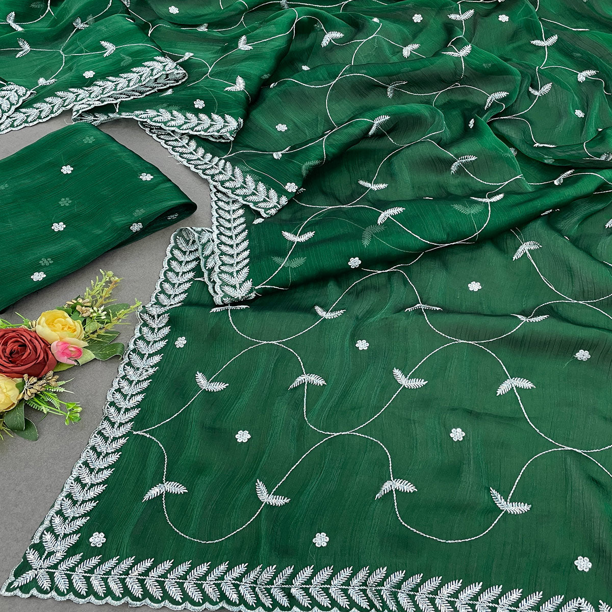 Green Sequins Embroidered Chiffon Silk Saree