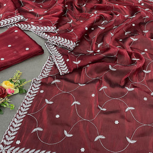 Maroon Sequins Embroidered Chiffon Silk Saree