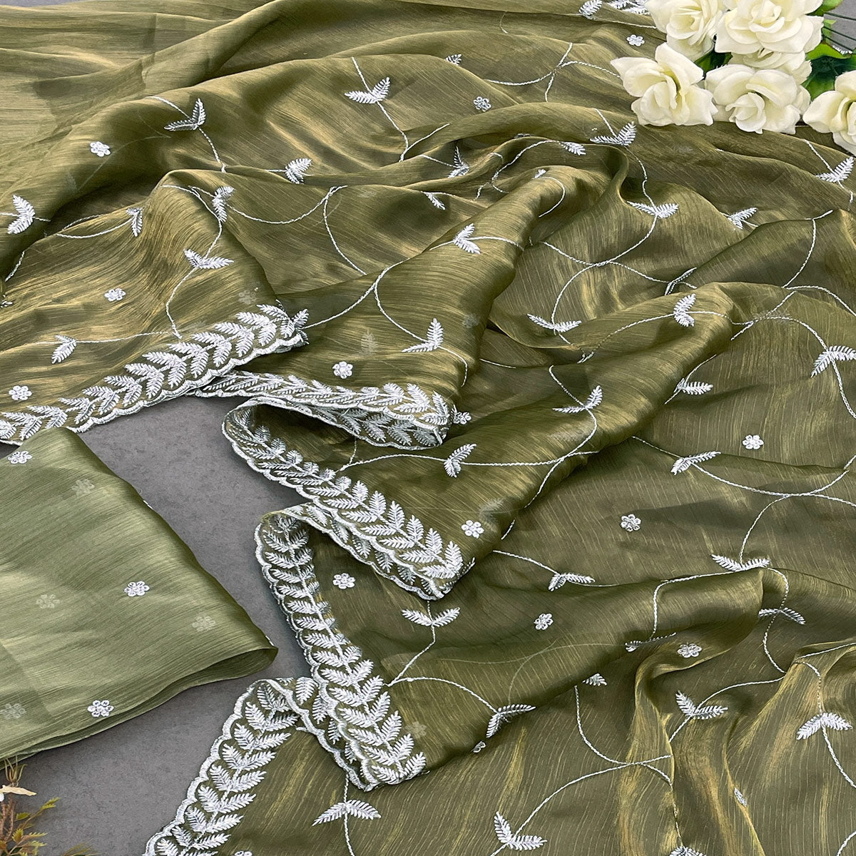Olive Green Sequins Embroidered Chiffon Saree