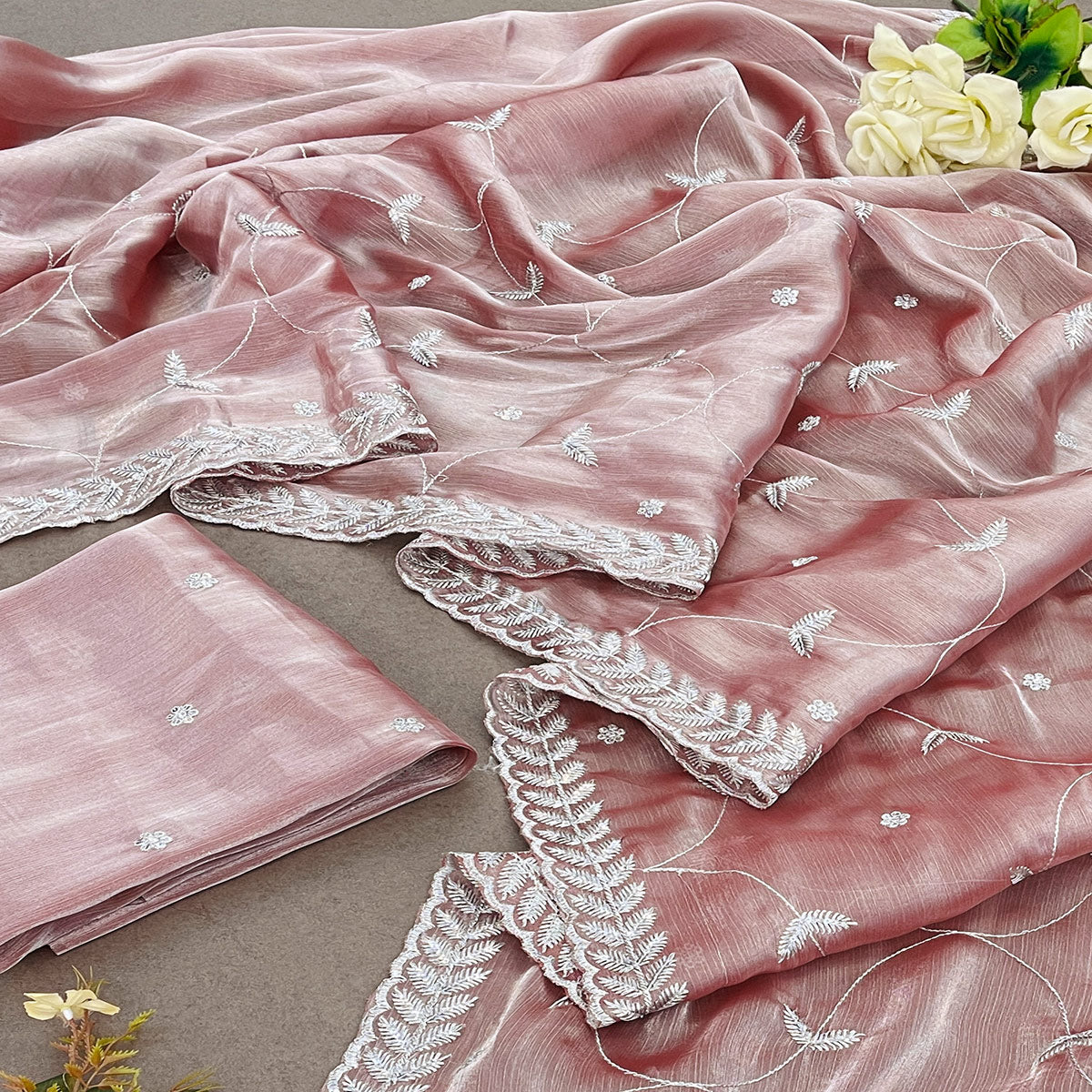 Powder Pink Sequins Embroidered Chiffon Saree