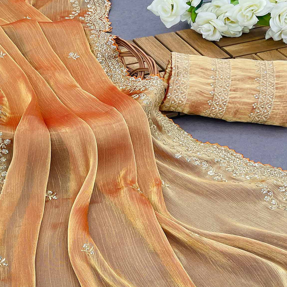 Gold Sequins Embroidered Chiffon Saree