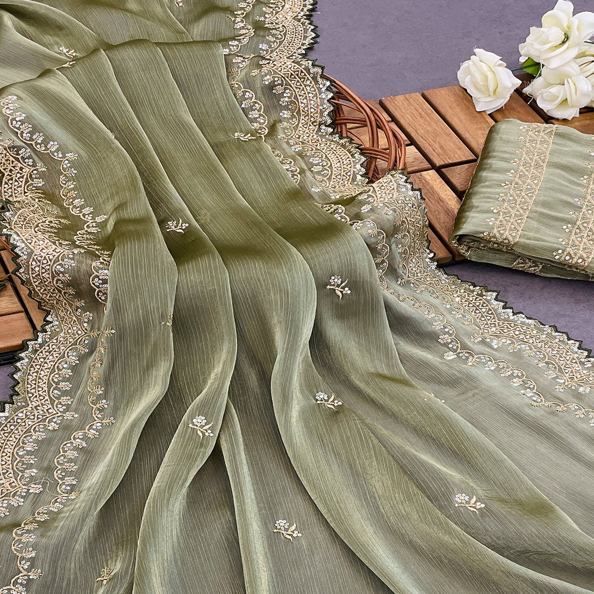 Olive Green Sequins Embroidered Chiffon Saree