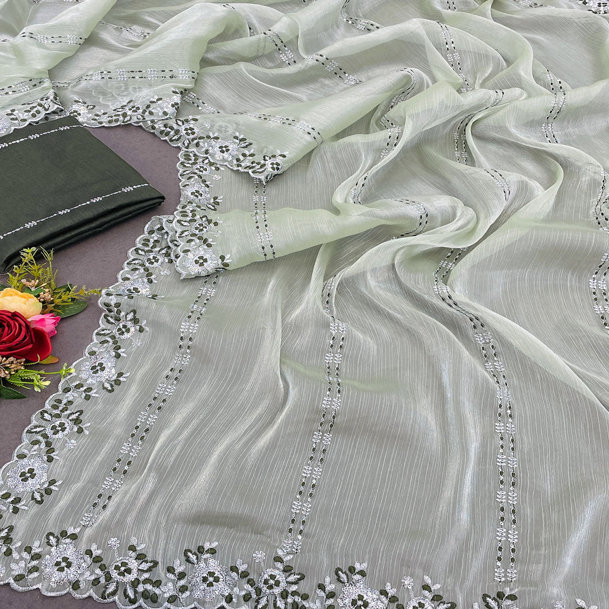 Green Sequins Embroidered Chiffon Saree