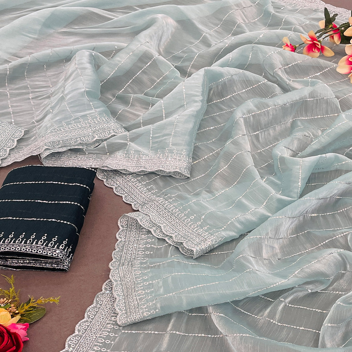 Blue Sequins Embroidered Chiffon Silk Saree