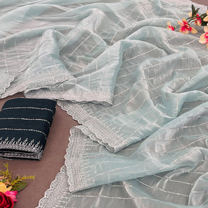 Blue Sequins Embroidered Chiffon Silk Saree
