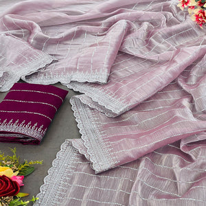 Light Mauve Sequins Embroidered Chiffon Silk Saree
