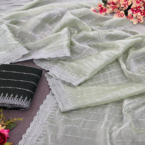 Pista Green Sequins Embroidered Chiffon Silk Saree