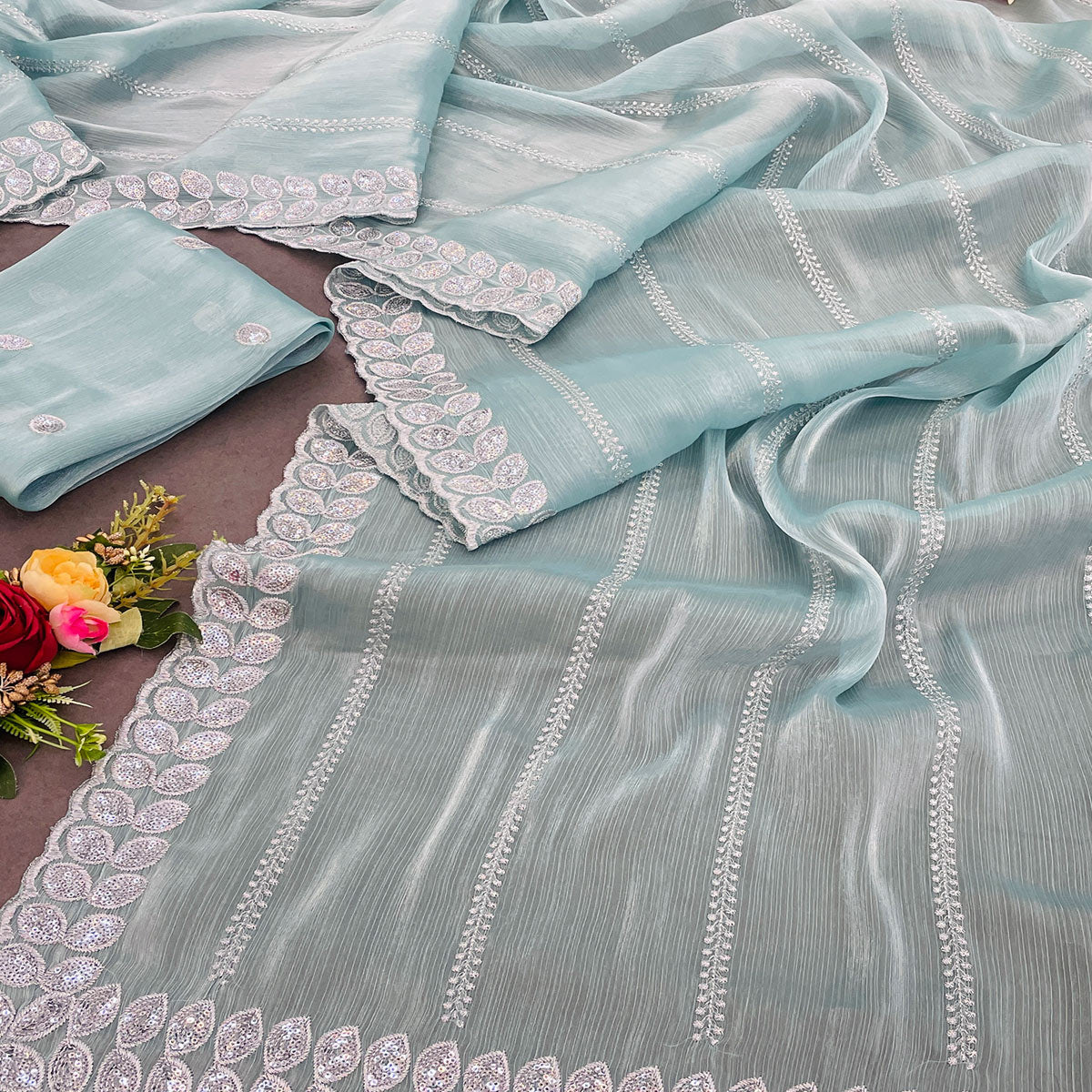 Blue Sequins Embroidered Chiffon Silk Saree