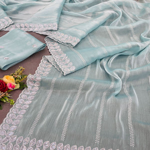 Blue Sequins Embroidered Chiffon Silk Saree