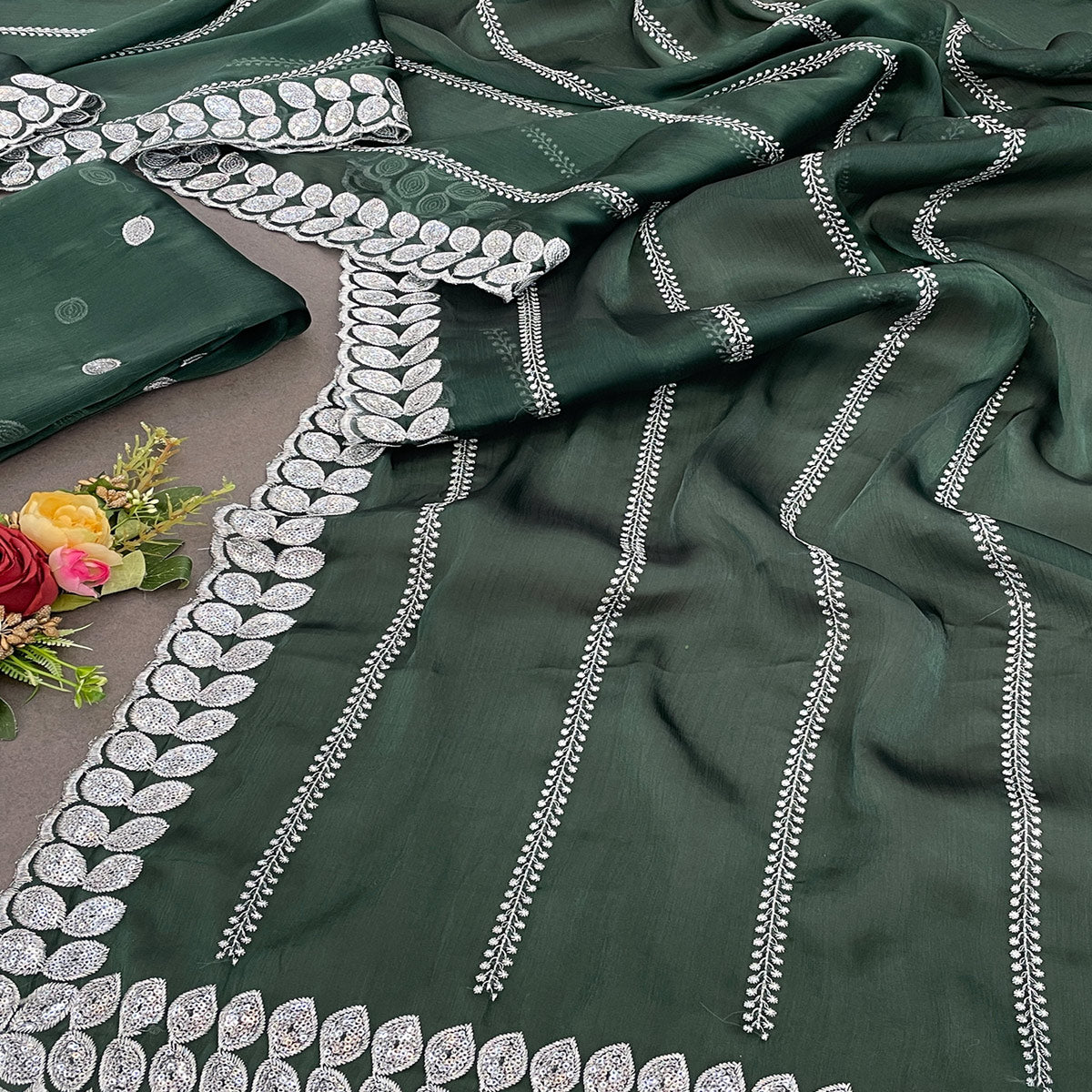 Bottle Green Sequins Embroidered Chiffon Silk Saree