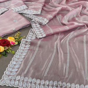 Light Mauve Sequins Embroidered Chiffon Silk Saree