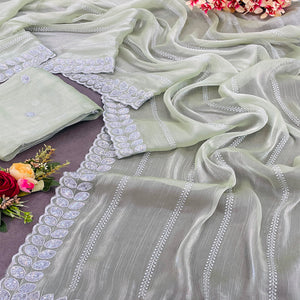 Pista Green Sequins Embroidered Chiffon Silk Saree