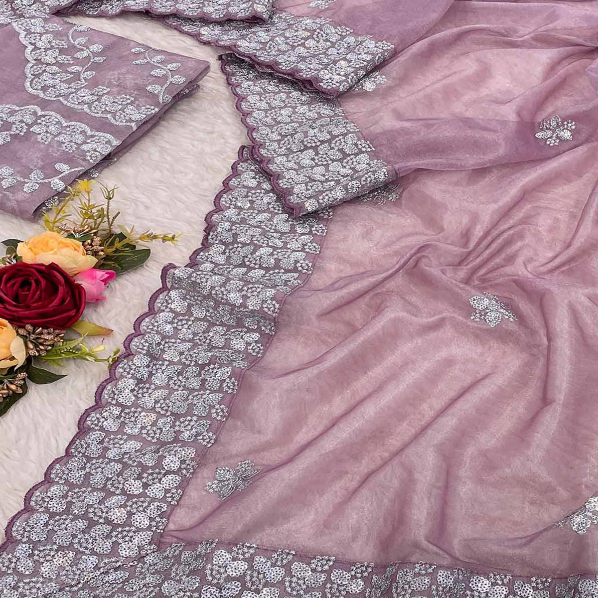 Mauve Floral Embroidered Net Saree