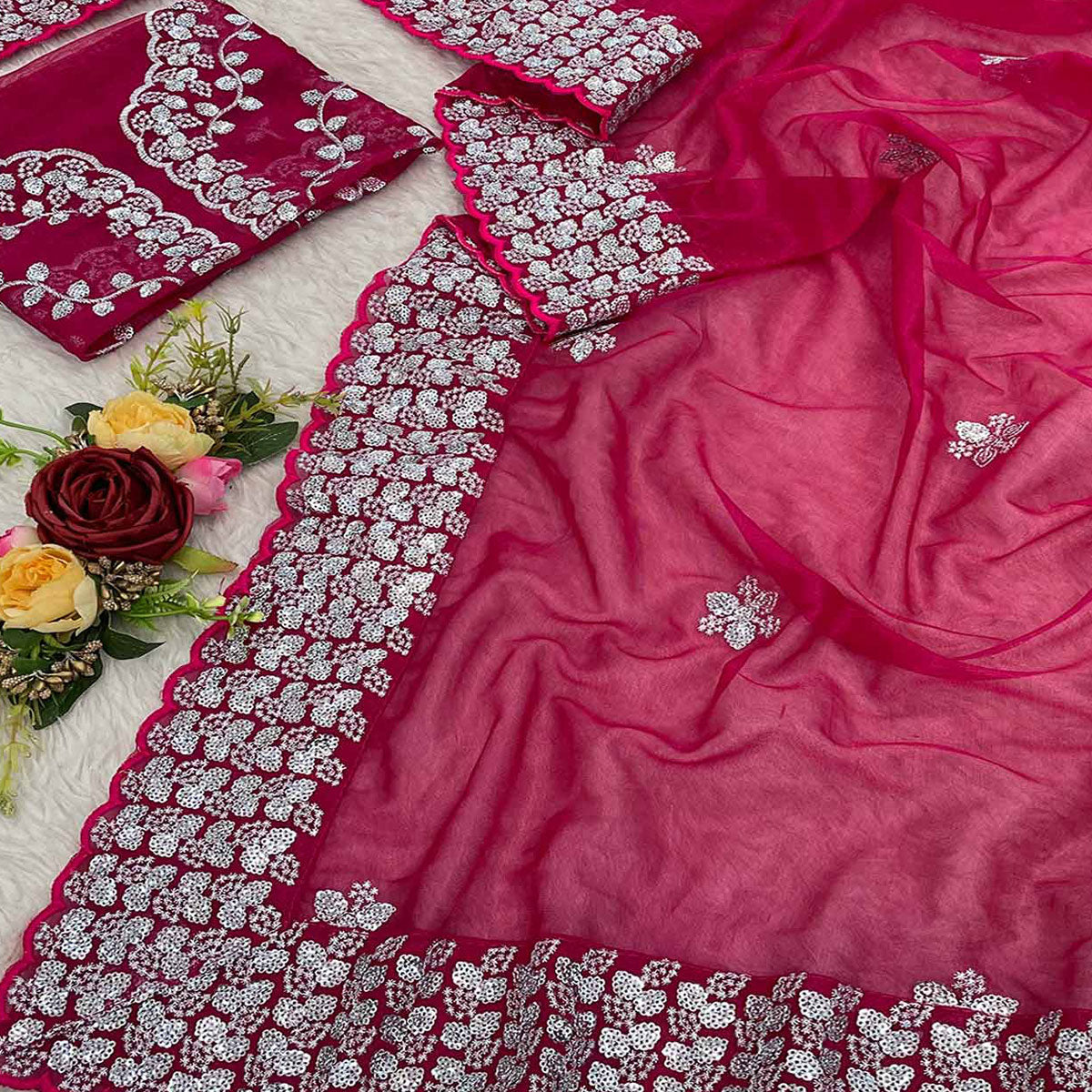 Pink Floral Embroidered Net Saree