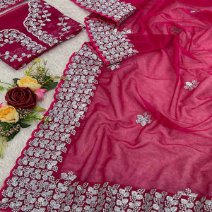 Pink Floral Embroidered Net Saree
