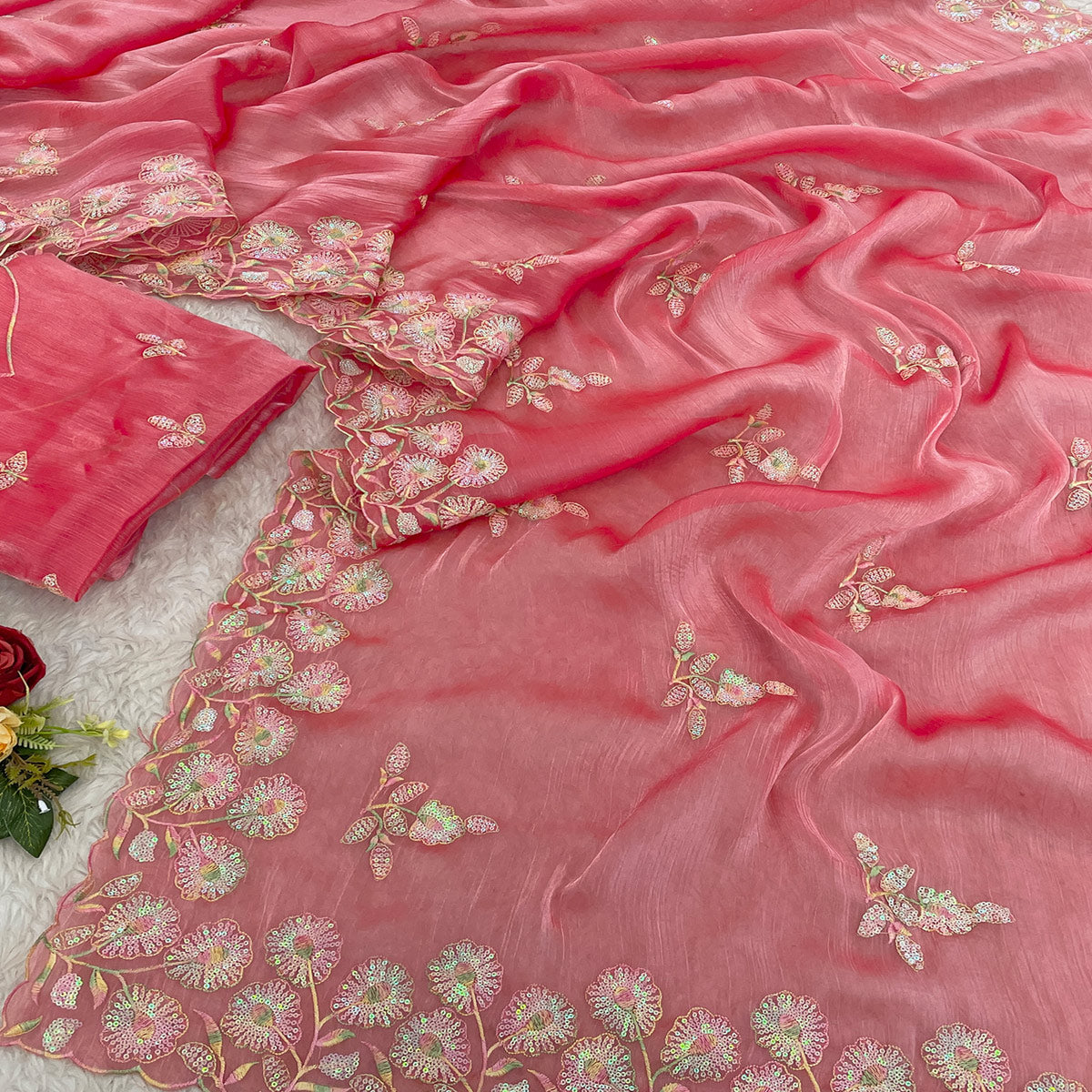 Gajri Pink Sequins Embroidered Chiffon Saree
