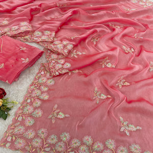 Gajri Pink Sequins Embroidered Chiffon Saree