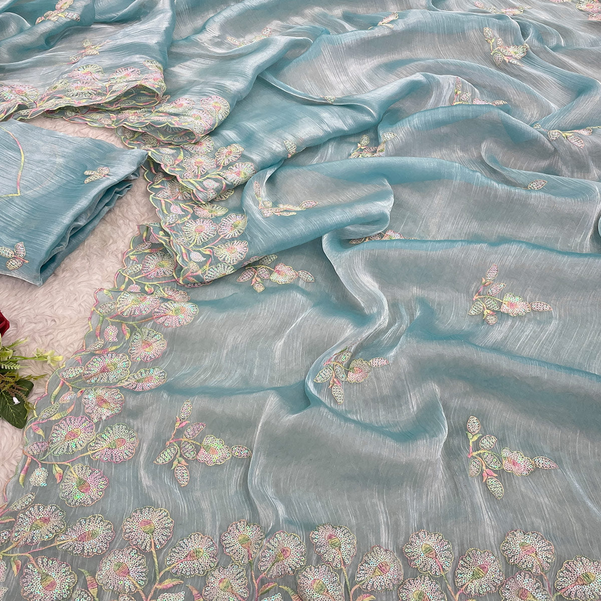 Sky Blue Sequins Embroidered Chiffon Saree