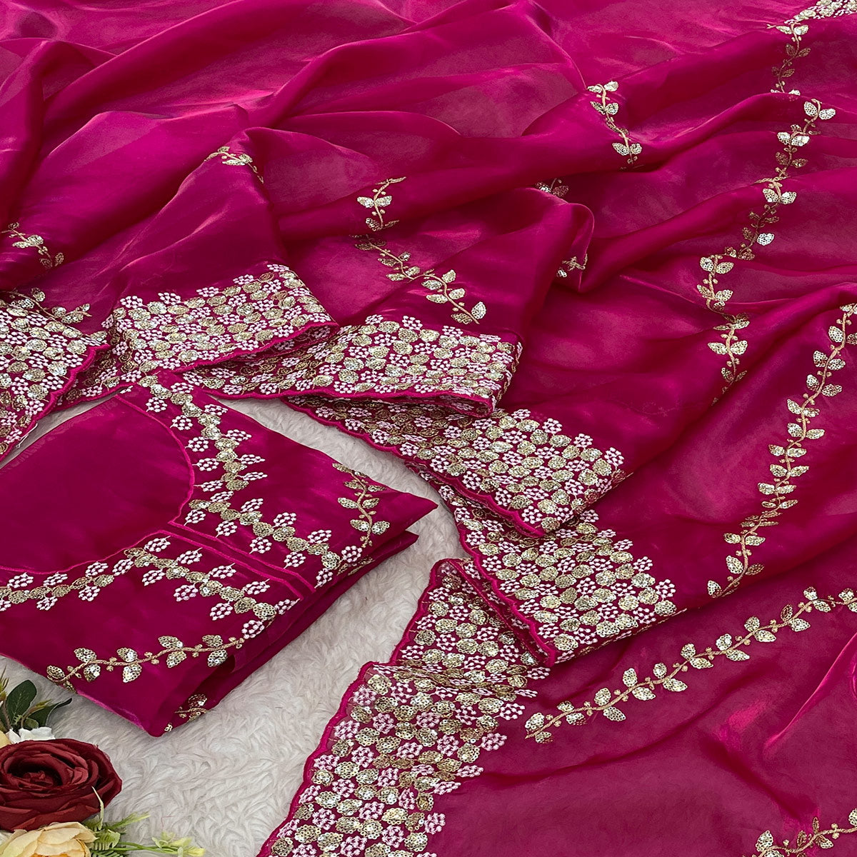 Pink Sequins Embroidered Satin Saree