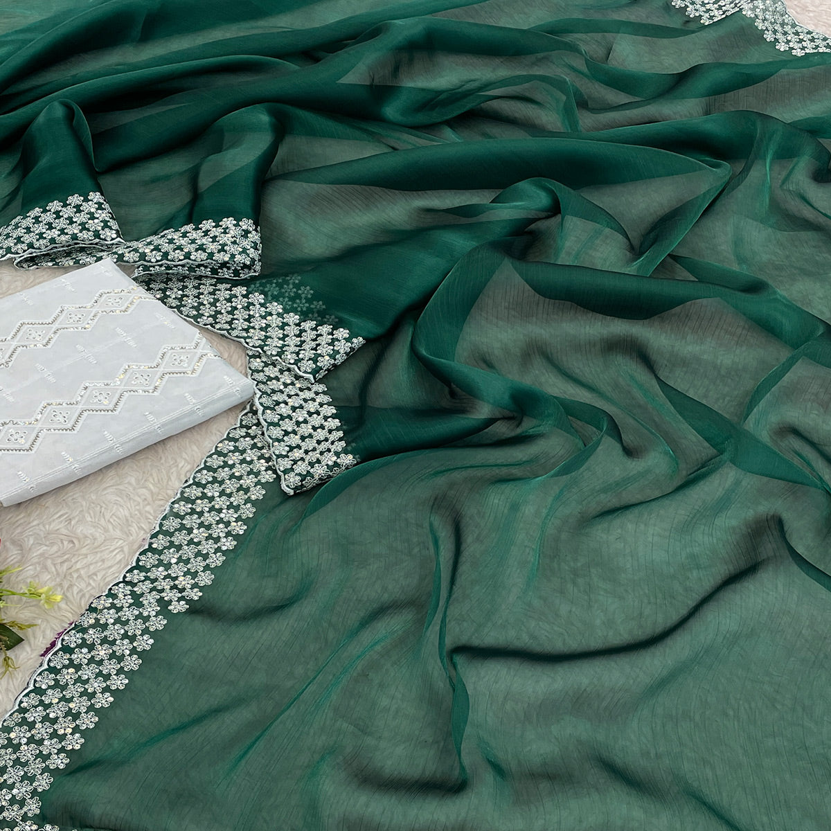 Green Sequins Embroidered Chiffon Saree