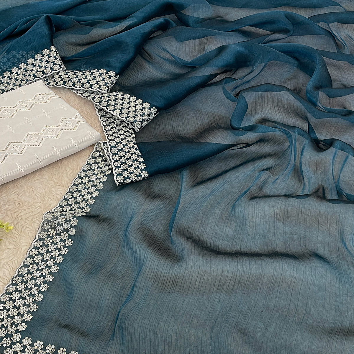 Teal Sequins Embroidered Chiffon Saree