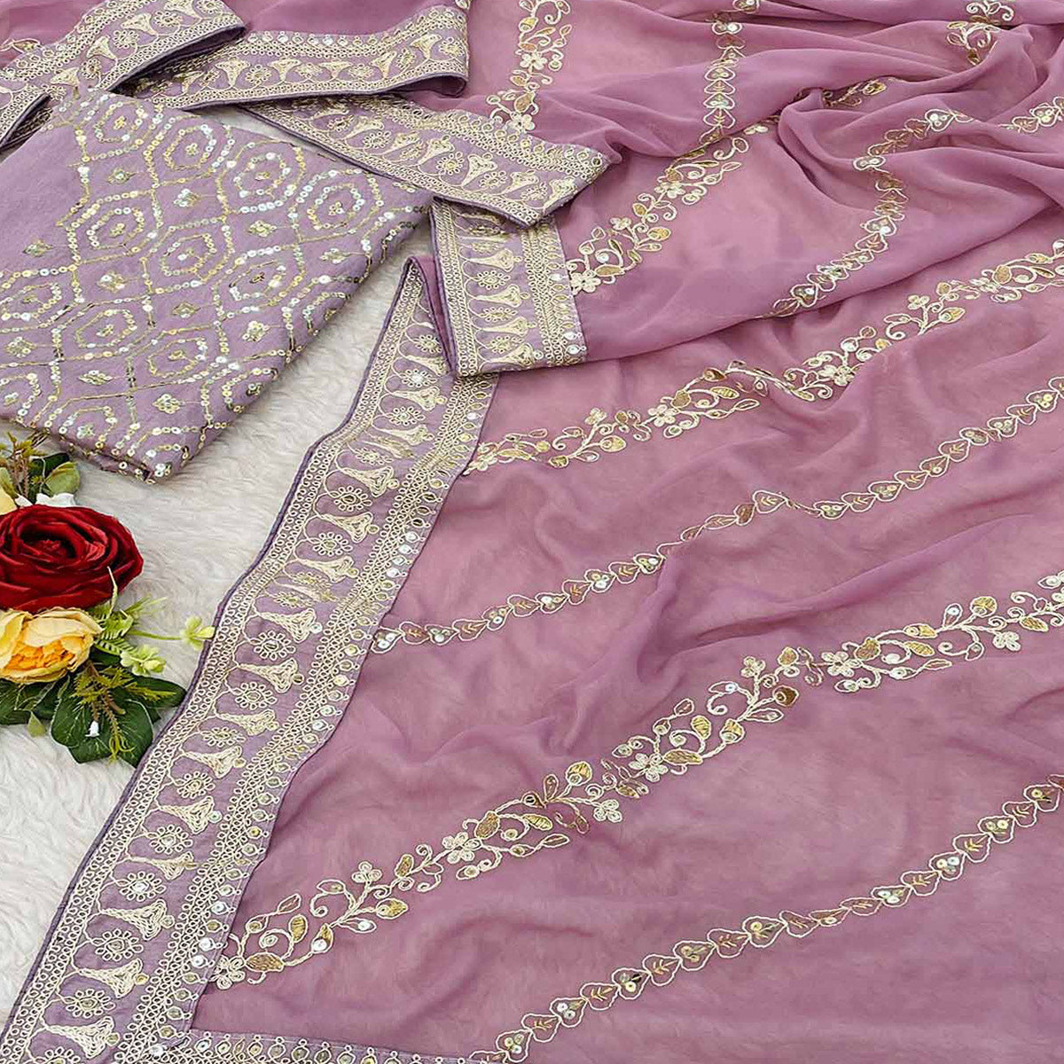 Onion Pink Sequins Embroidered Georgette Saree