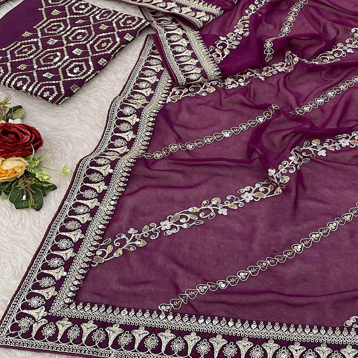 Purple Sequins Embroidered Georgette Saree