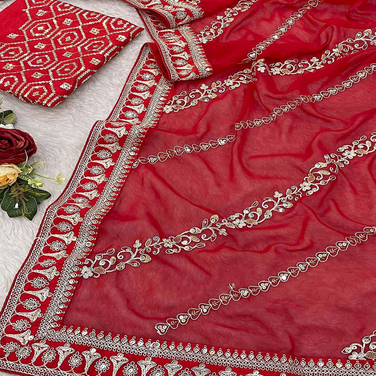 Red Sequins Embroidered Georgette Saree
