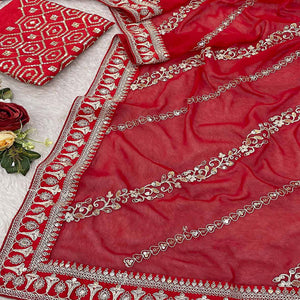 Red Sequins Embroidered Georgette Saree
