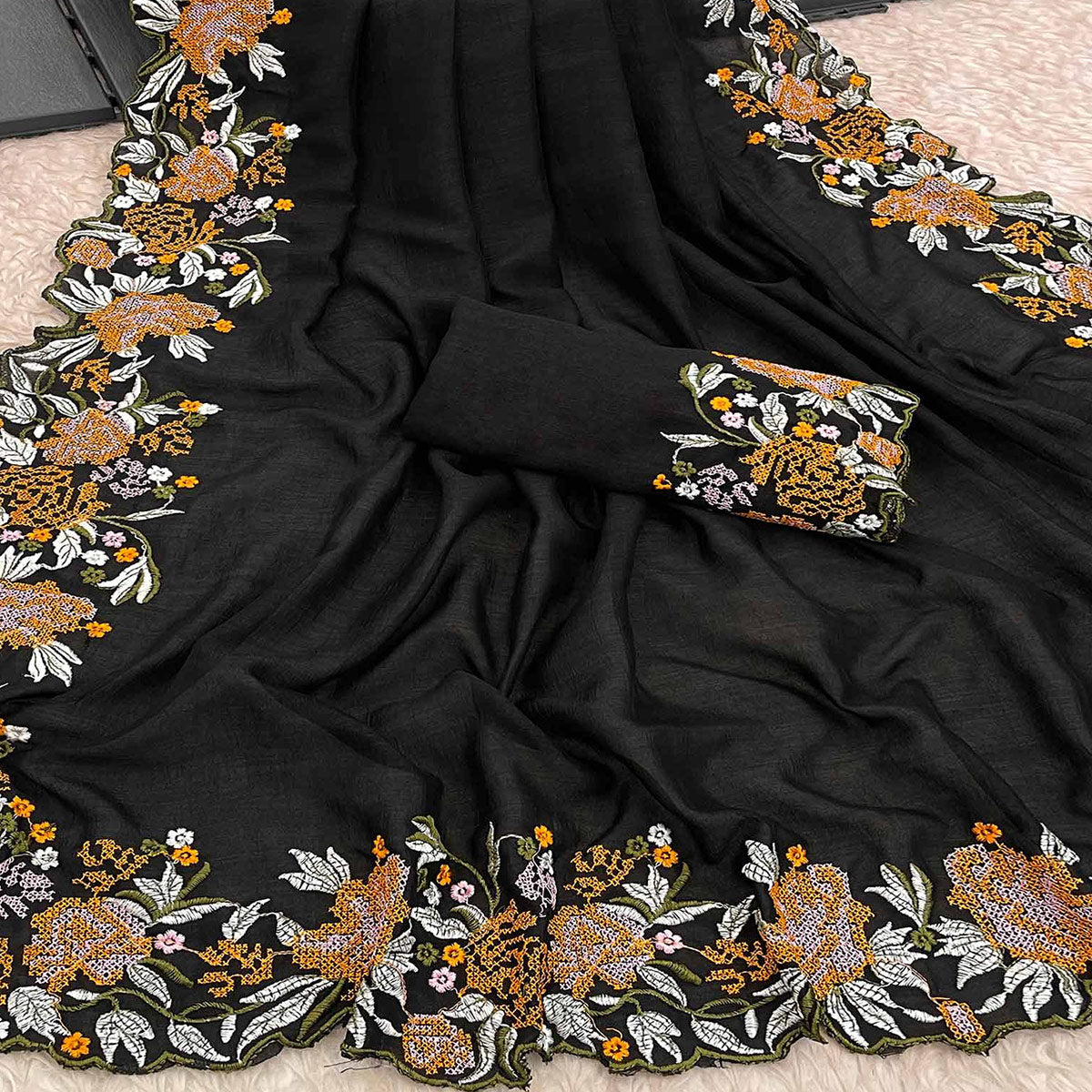 Black Embroidery Vichitra Silk Saree With Floral Border