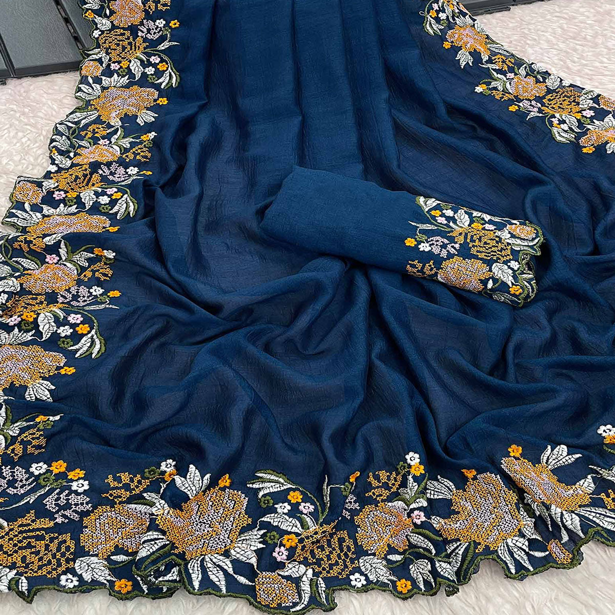 Blue Embroidery Vichitra Silk Saree With Floral Border