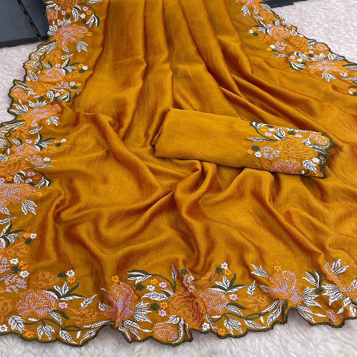 Mustard Embroidery Vichitra Silk Saree With Floral Border