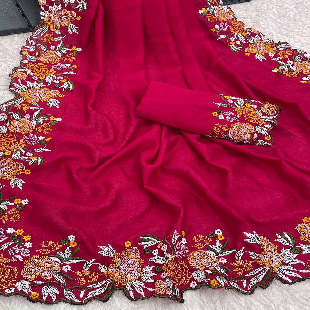 Pink Embroidery Vichitra Silk Saree With Floral Border
