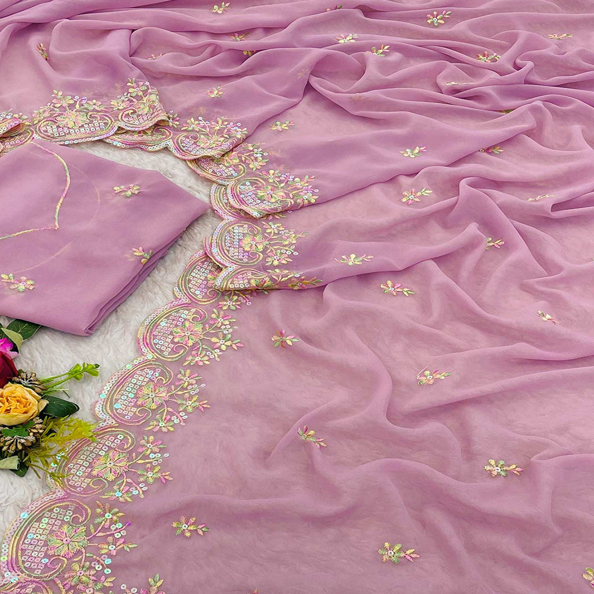 Pink Floral Sequins Embroidered Georgette Saree