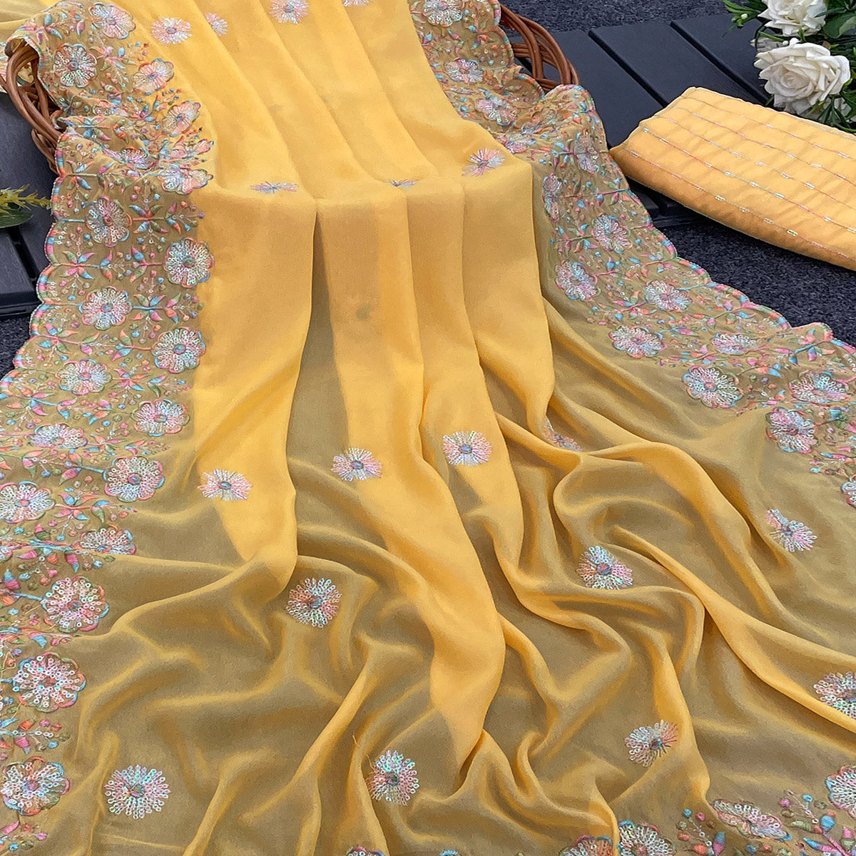 Yellow Floral Sequins Embroidered Crepe Silk Saree