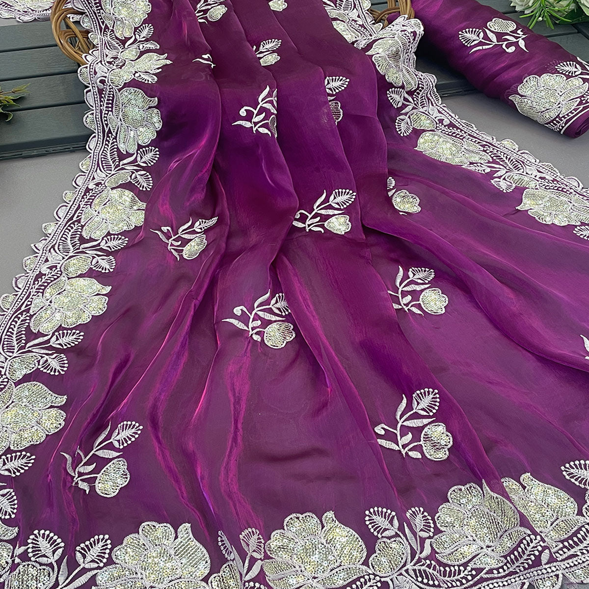Magenta Floral Embroidered Satin Saree