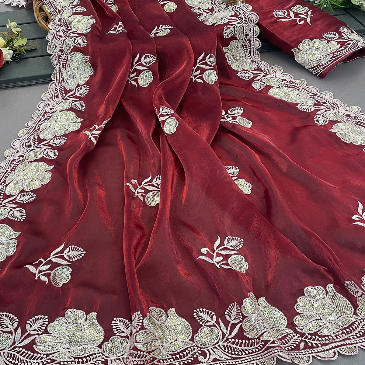 Maroon Floral Embroidered Satin Saree