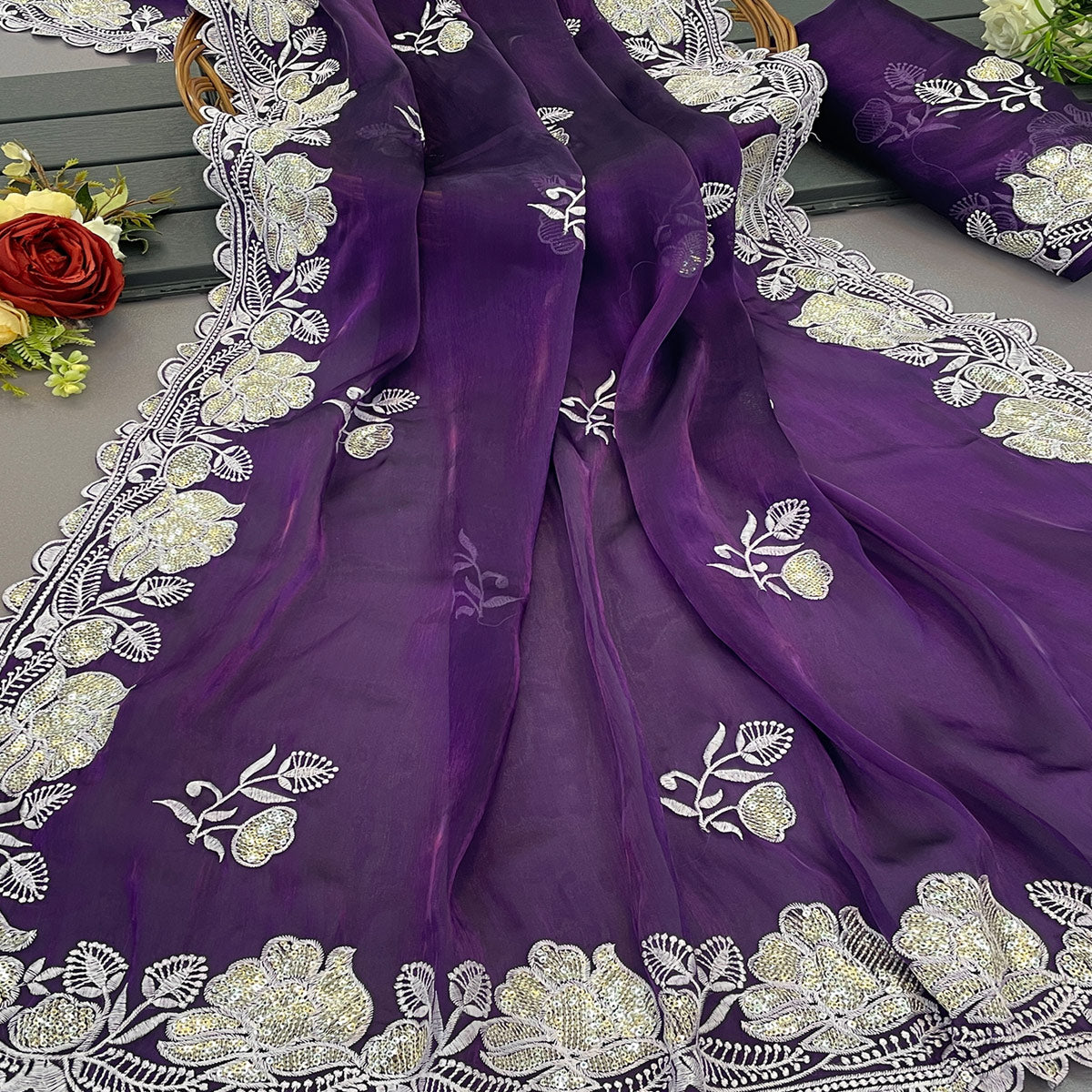 Purple Floral Embroidered Satin Saree