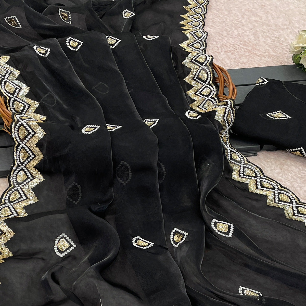 Black Sequins Embroidered Satin Saree